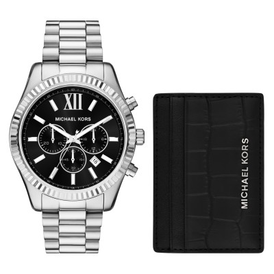 часовник,часовници,michael,kors,michael,kors,lexington,chronograph,stainless,steel,watch,and,card,case,gift,set,mk1091set,silver