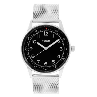 часовник,часовници,аксесоари,на,разпродажба,fcuk,fcuk,silver,case,round,shape,silver,strap,quartz,watch,black