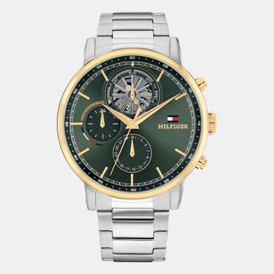 tommy,hilfiger,mens,stainless,steel,bracelet,watch,green,gold