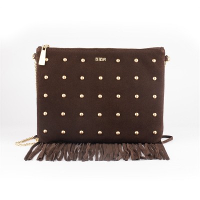 всички,чанти,biba,biba,suede,fringe,studded,pouch,chocolate
