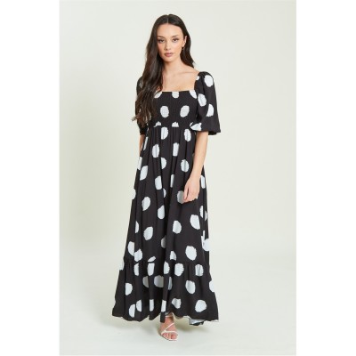 рокля,дамски,поли,и,рокли,be,you,shirred,puff,sleeve,midi,dress,blk,spot