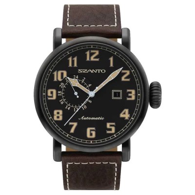 часовник,часовници,szanto,6102,big,aviator,automatic,watch,brown,black,(black,steel,black,leather,brown)