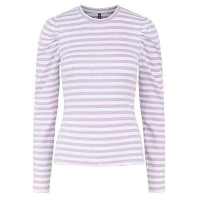 тениска,дамски,тениски,pieces,anna,long,sleeve,t,shirt,white,purple,(bright,white,stripes,orchid,bloom)