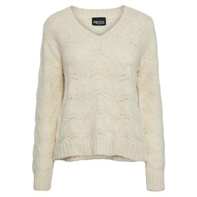 блуза,дамски,пуловери,дамски,плетени,дрехи,pieces,bibbi,v,neck,sweater,whitecap,gray,(beige)