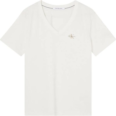 тениска,дамски,тениски,calvin,klein,jeans,micro,monologo,slim,short,sleeve,v,neck,t,shirt,white,(ivory)