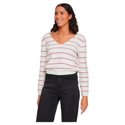 блуза,дамски,пуловери,дамски,плетени,дрехи,vila,chao,v,neck,sweater,white,pink,(white,alyssum,stripes,pink,yarrow)