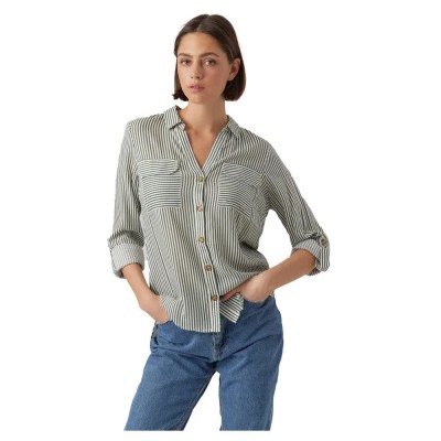 риза,с,дълъг,ръкав,дамски,блузи,дамски,ризи,vero,moda,bumpy,new,long,sleeve,shirt,laurel,wreath,stripes,snow,white,(green)