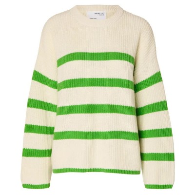 блуза,дамски,пуловери,дамски,плетени,дрехи,selected,bloomie,sweater,beige,(snow,white,stripes,classic,green)