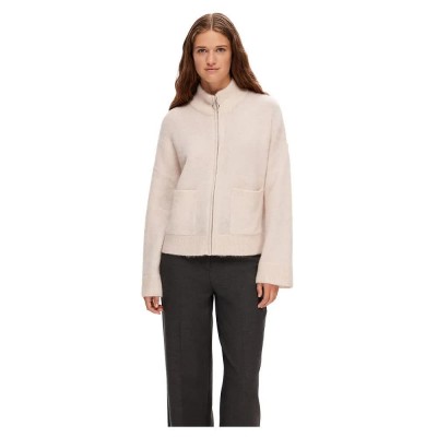 блуза,дамски,пуловери,дамски,плетени,дрехи,selected,sia,full,zip,sweater,birch,detail,melange,(beige)