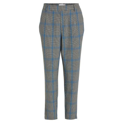 панталони,дамски,панталони,vila,varone,slim,fit,high,waist,pants,birch,checks,black,lapis,blue,(grey)
