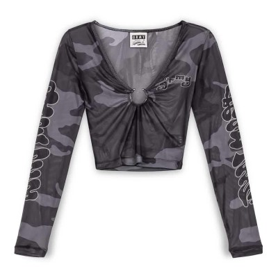 тениска,дамски,тениски,grimey,tusker,temple,micro,mesh,crop,long,sleeve,v,neck,t,shirt,grey,(black)