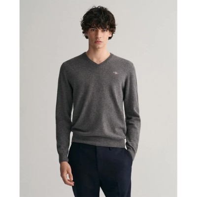 блуза,мъжки,пуловери,gant,superfine,lambswool,v,neck,sweater,charcoal,melange,(grey)