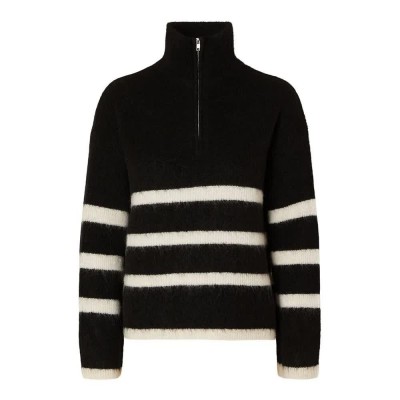 блуза,дамски,пуловери,дамски,плетени,дрехи,selected,maline,half,zip,sweater,black,stripes,birch,(black)