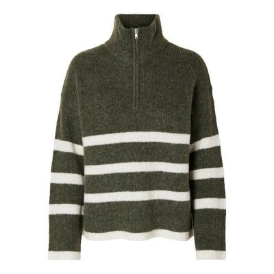 блуза,дамски,пуловери,дамски,плетени,дрехи,selected,maline,half,zip,sweater,green,(kalamata,stripes,birch)
