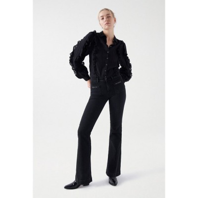 дънки,дамски,блузи,дамски,ризи,salsa,jeans,ruffle,sleeve,short,sleeve,blouse,black
