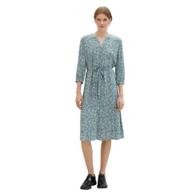 рокля,дамски,поли,и,рокли,tom,tailor,printed,with,belt,3,4,sleeve,dress,green,(green,abstract,leaf,print)