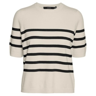 тениска,дамски,тениски,vero,moda,saba,plain,knit,short,sleeve,t,shirt,beige,(birch,stripes,w,black)