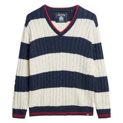 блуза,дамски,пуловери,дамски,плетени,дрехи,superdry,cable,v,neck,sweater,white,blue,(richest,navy,stripe)