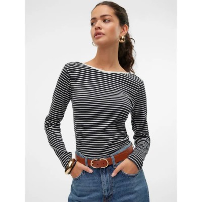 тениска,дамски,тениски,vero,moda,chloe,stripe,2way,long,sleeve,t,shirt,black,snow,white,stripes,(black)
