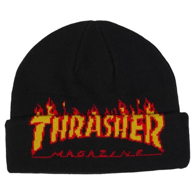 шапка,всички,шапки,thrasher,flame,fold,beanie,black,(black)