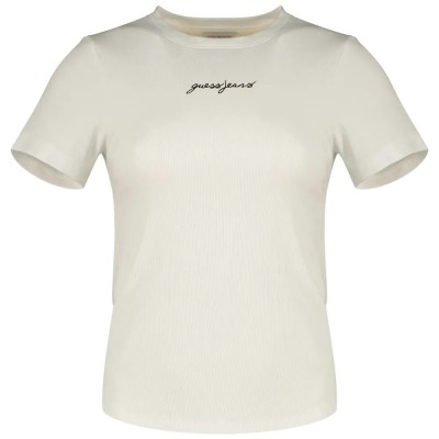 тениска,дамски,тениски,guess,jeans,gj,sl,cn,embro,slim,rib,short,sleeve,t,shirt,beige,(pure,white)