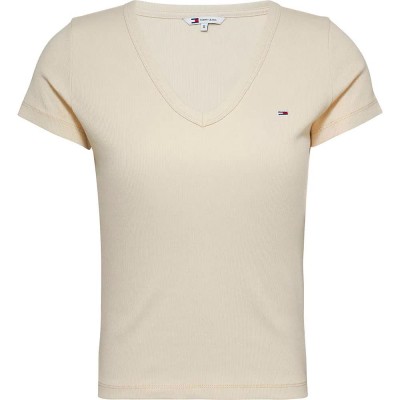 тениска,дамски,тениски,tommy,jeans,dw0dw17385,short,sleeve,v,neck,t,shirt,beige,(newsprint)