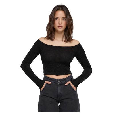 фланелка,с,дълъг,ръкав,дамски,топове,urban,classics,off,shoulder,glitter,long,sleeve,top,black