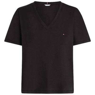 тениска,дамски,тениски,tommy,hilfiger,slub,cropped,short,sleeve,v,neck,t,shirt,black