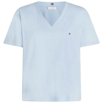 тениска,дамски,тениски,tommy,hilfiger,slub,cropped,short,sleeve,v,neck,t,shirt,breezy,blue,(blue)