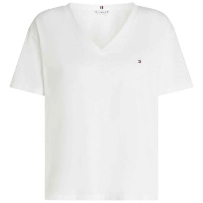 тениска,дамски,тениски,tommy,hilfiger,slub,cropped,short,sleeve,v,neck,t,shirt,ecru,(white)