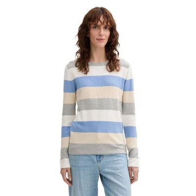 блуза,дамски,пуловери,дамски,плетени,дрехи,tom,tailor,knit,structured,striped,sweater,beige,blue,block,stripe,(multicolor)