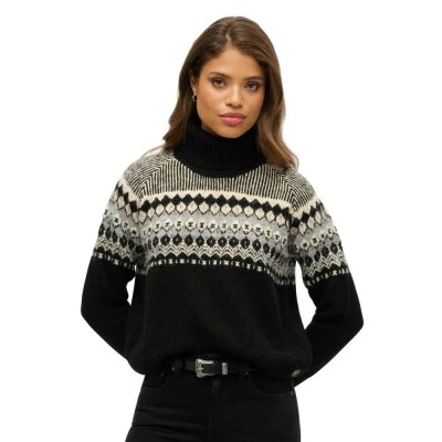 блуза,дамски,пуловери,дамски,плетени,дрехи,superdry,fairisle,high,neck,sweater,black