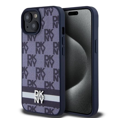 други,аксесоари,dkny,pu,leather,checkered,pattern,and,stripe,iphone,15,phone,case,blue,(blue)