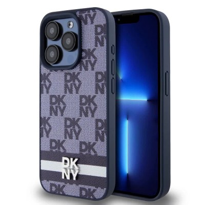други,аксесоари,dkny,pu,leather,checkered,pattern,and,stripe,iphone,15,pro,max,phone,case,blue,(blue)