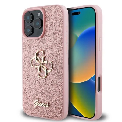 други,аксесоари,guess,pu,fixed,glitter,4g,metal,logo,iphone,16,pro,max,phone,case,pink,(pink)
