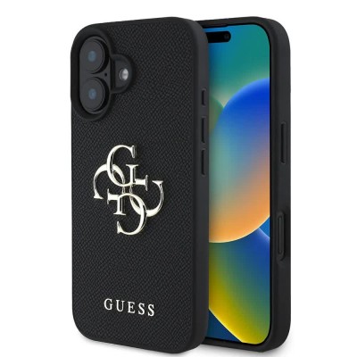 други,аксесоари,guess,pu,grained,4g,metal,logo,iphone,16,phone,case,black,(black)