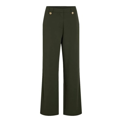 панталони,дамски,панталони,vila,clua,wide,leg,fit,button,high,waist,pants,deep,depths,gold,button,(green)