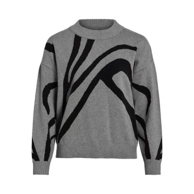 блуза,дамски,пуловери,дамски,плетени,дрехи,vila,tif,jacquard,sweater,medium,grey,melange,black,animal,(grey)