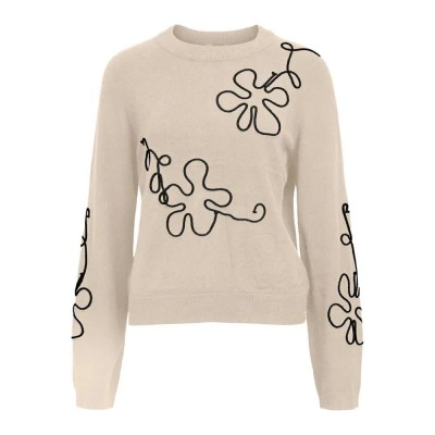 блуза,дамски,пуловери,дамски,плетени,дрехи,object,laney,rubin,sweater,sandshell,black,new,floral,(beige)