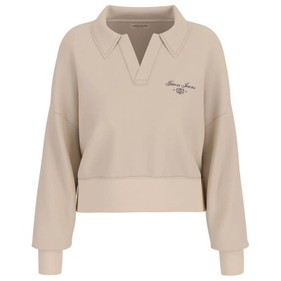 блуза,дамски,блузи,guess,jeans,notched,collar,crop,sweatshirt,biscotti,(beige)