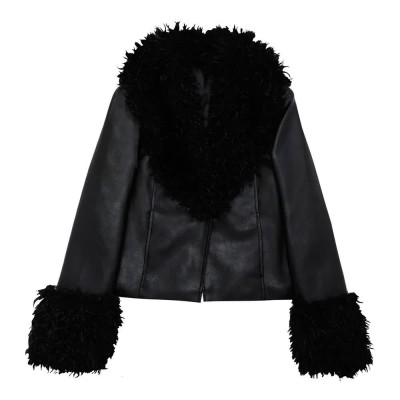 яке,дамски,якета,и,палта,balmohk,faux,fur,cuff,leather,jacket,black,black