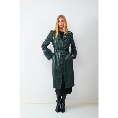 палто,дамски,якета,и,палта,balmohk,pu,faux,fur,cuffs,trench,coat,green,dark,green