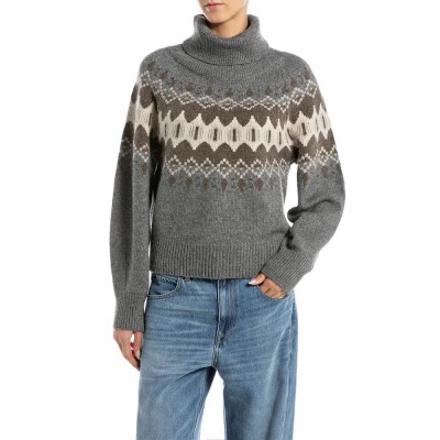 блуза,дамски,пуловери,дамски,плетени,дрехи,replay,dk3924.000.g22726,high,neck,sweater,grey,melange,silver,white,wood
