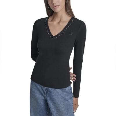тениска,дамски,тениски,dkny,rhinestone,long,sleeve,v,neck,t,shirt,black,gunmetal,black