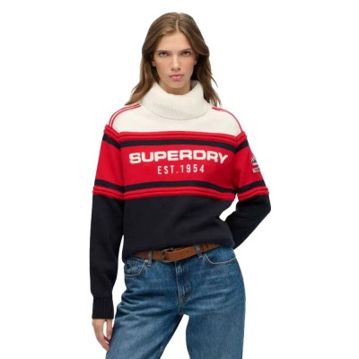 блуза,дамски,пуловери,дамски,плетени,дрехи,superdry,apres,ski,high,neck,sweater,off,white,varsity,red,stripe