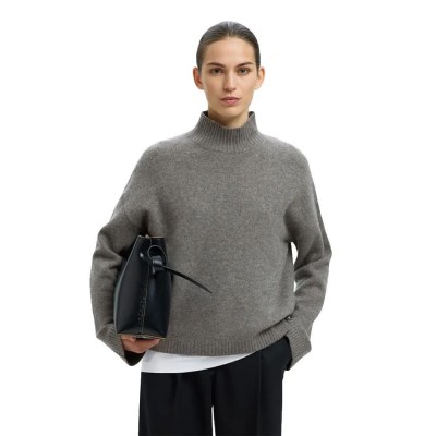 блуза,дамски,пуловери,дамски,плетени,дрехи,selected,cille,cashmere,high,neck,sweater,grey,(medium,grey,melange)