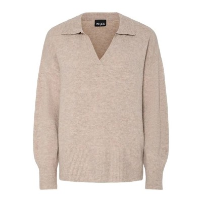 блуза,дамски,пуловери,дамски,плетени,дрехи,pieces,malou,v,neck,sweater,taupe,gray,melange,(beige)