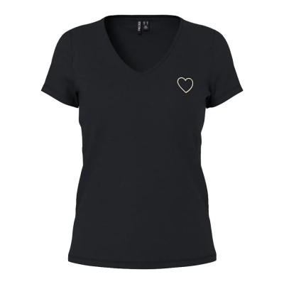 тениска,дамски,тениски,pieces,new,billy,short,sleeve,v,neck,t,shirt,black,gold,heart,outline,(black)