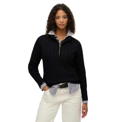 блуза,дамски,пуловери,дамски,плетени,дрехи,superdry,brushed,cable,half,zip,sweater,black,(black)