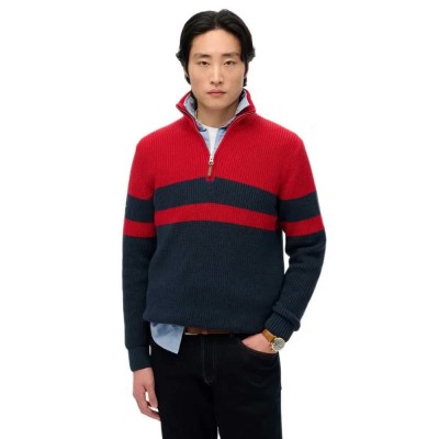 блуза,мъжки,пуловери,superdry,cotton,classics,stripe,henley,half,zip,sweater,navy,red,(red)